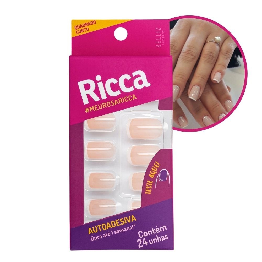 Unhas Postiças Francesinha Rosa Autoadesiva Quadrada Curta 24 Unhas Ricca em Oferta na Shopee