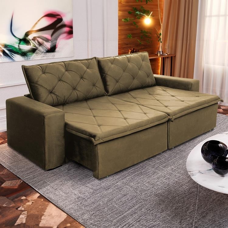 Sofá Cama Bangkok Sem Caixa 2,50m Retrátil e Reclinável Com Molas Velut Bege- King House