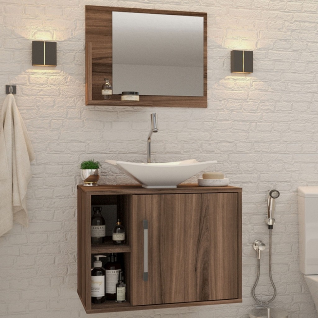 Armário de Banheiro com Cuba e Espelho 1 Porta 2 Prateleiras Nogal 13689 - Compace - Home & Living