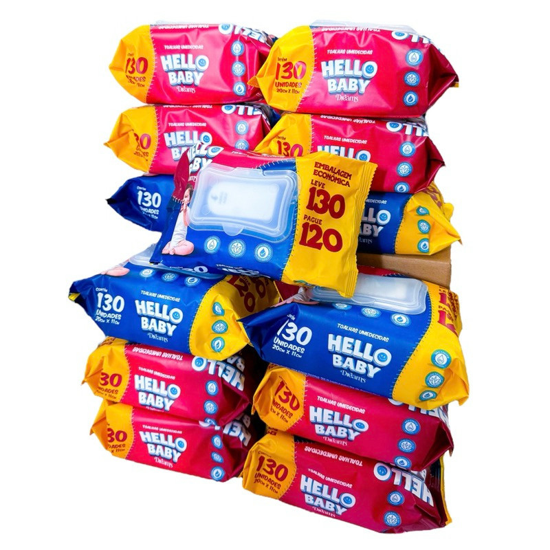 Kit 1560 lenços umedecido /Toalhas umedecidas Hello Baby caixa com 12 pacotes 130 und cada