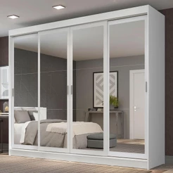 Guarda-Roupa Casal Madesa Austin 4 Portas de Correr de Espelho 3 Gavetas - Branco