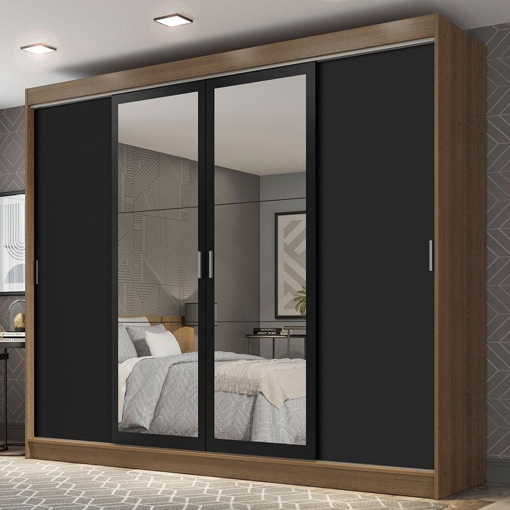Guarda-Roupa Casal Madesa Austin 4 Portas de Correr com Espelhos 3 Gavetas - Rustic/Preto - Home & Living