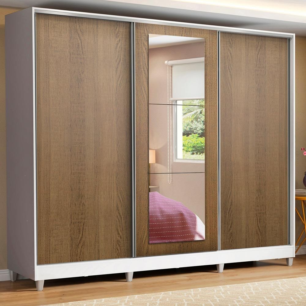 Guarda Roupa Casal 100% MDF Madesa Eros 3 Portas de Correr com Espelho com Pés - Branco/Rustic - Home & Living
