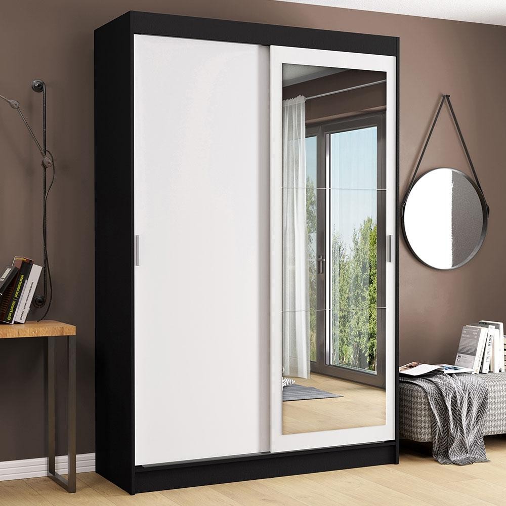 Guarda-Roupa Solteiro Madesa Tokio 2 Portas de Correr com Espelho 2 Gavetas - Preto/Branco - Home & Living