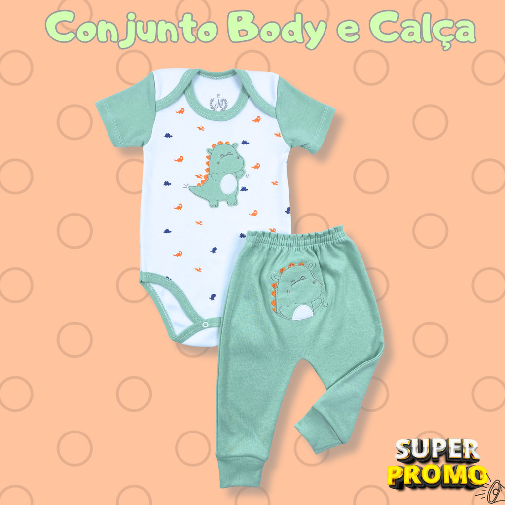 Bebê Fashion! Conjunto Bodi e Calça com Bordado de Qualidade