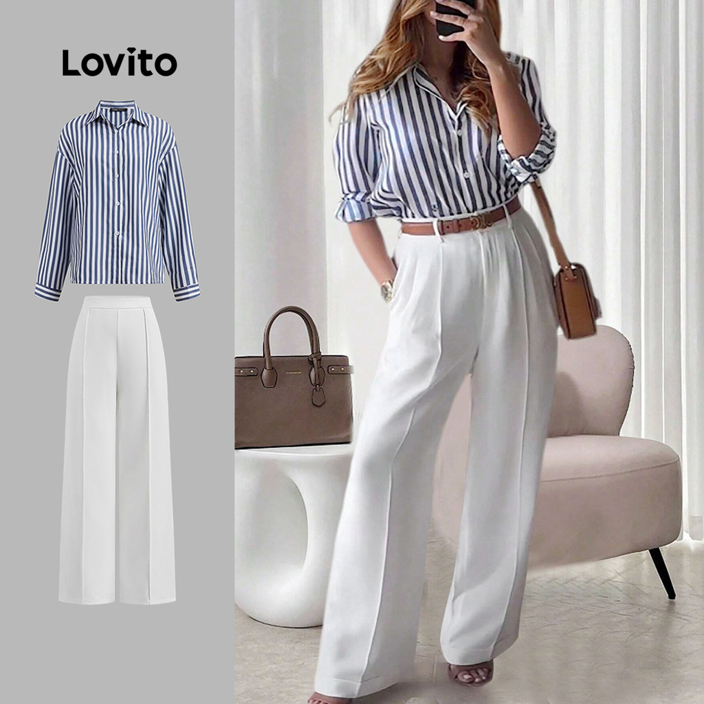 (Trendy) Lovito Elegante tecido listrado costura botão frontal Colorblock Tops ou calças para mulheres LBL22131 em Oferta na Shopee