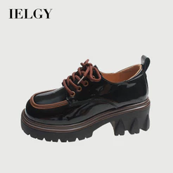 IELGY Moda Sapatos Pequenos De Couro Bico Redondo Com Cadarço E Salto Médio Confortável