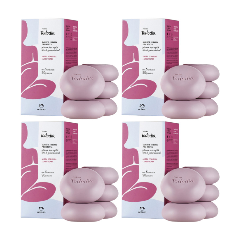 Kit com 4 Caixas Sabonete em Barra Amora Vermelha e Jabuticaba 5 un. de 90g - Tododia Natura