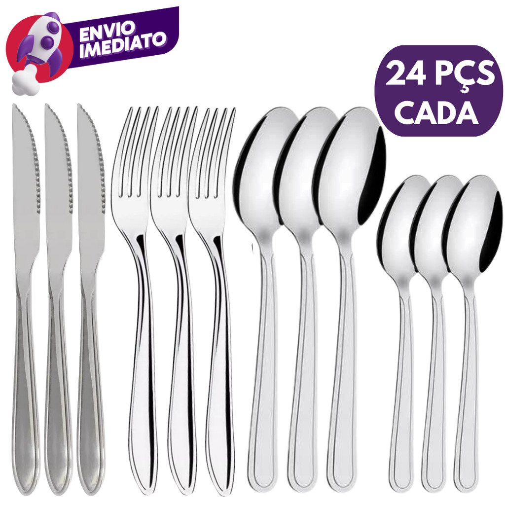 Kit Talher Inox Jogo Garfo Faca Colher Refeição E Colher Sobremesa Jantar Restaurante 48 72 ou 96 UN
