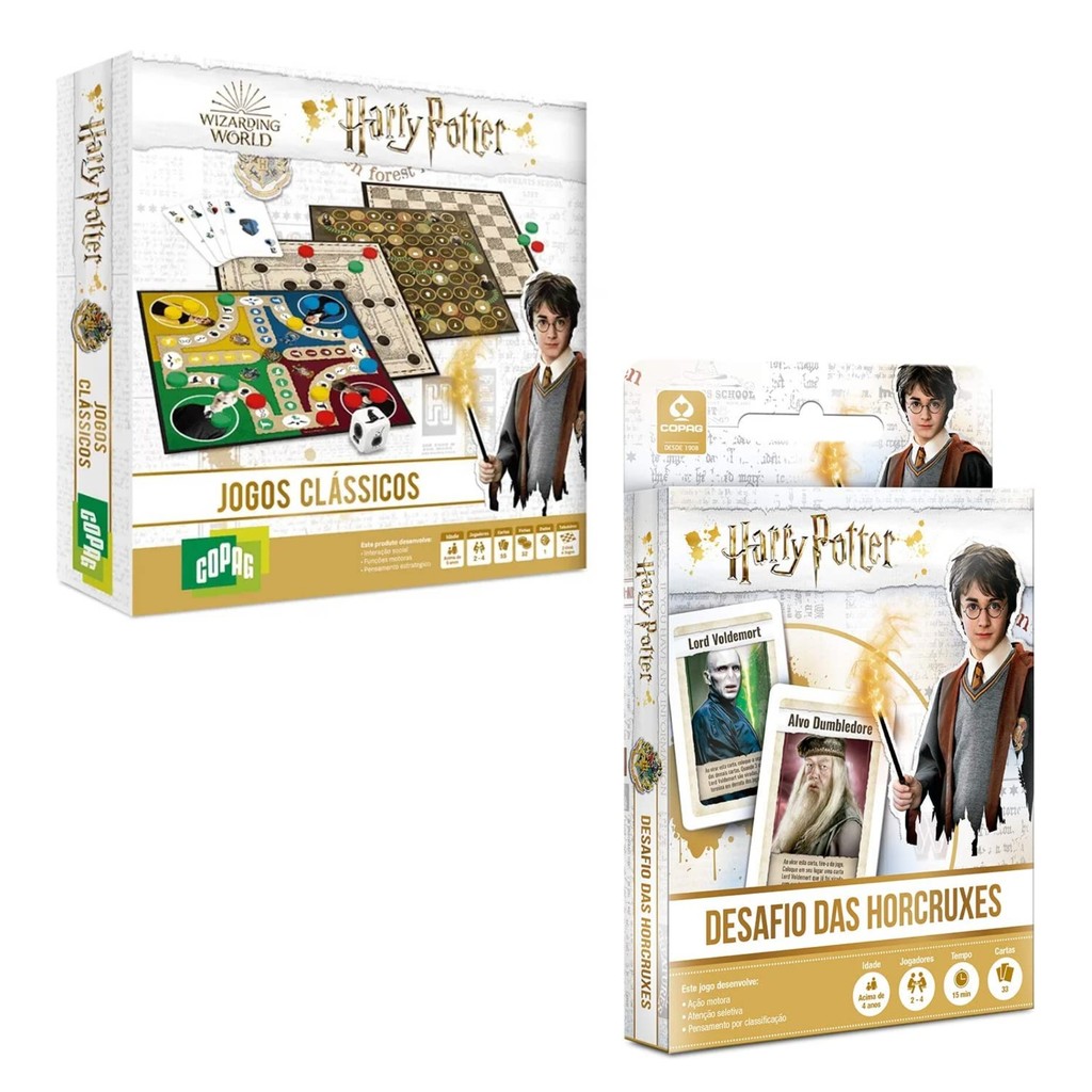 Kit Jogo de Tabuleiro Harry Potter Clássicos com Baralho + Jogo Carton Harry Potter Desafio Das Horcruxes em Oferta na Shopee