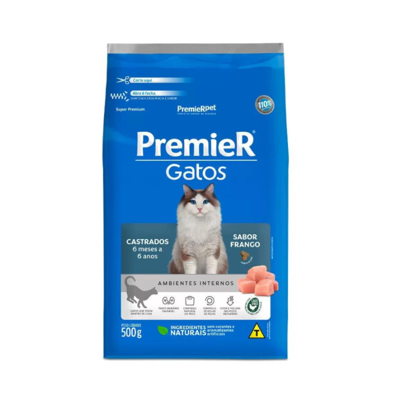Ração PremieR Ambientes Internos Gatos Castrados para Gatos de 6 meses até 6 Anos Frango 500gr em Oferta na Shopee