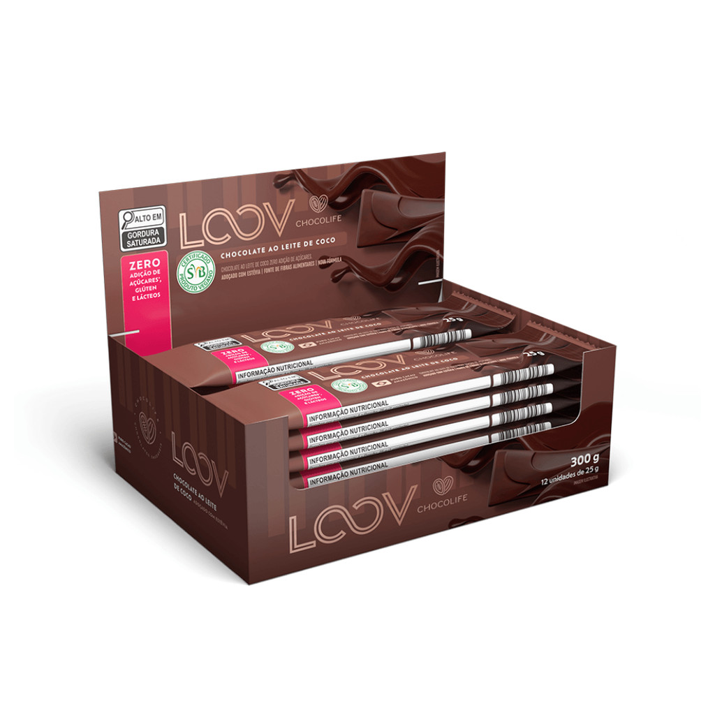 Caixa tablete chocolate Loov ao leite de coco zero açúcar 12 und Chocolife