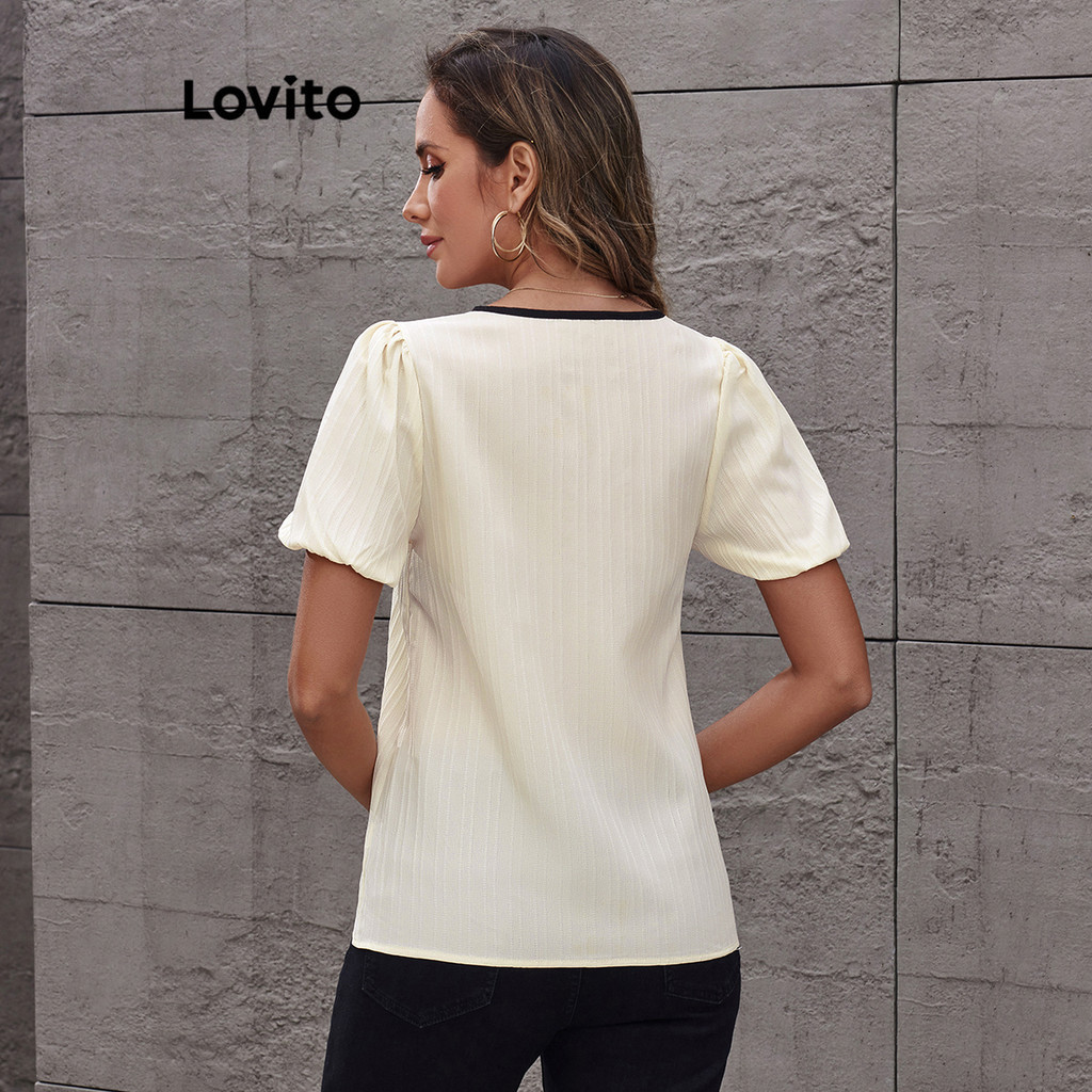 (Trendy) Lovito Blusa Boho Verão/Primavera Tecido Liso Costura Contraste Encadernação Blusa Para Mulheres LBL18778 - Women Clothes