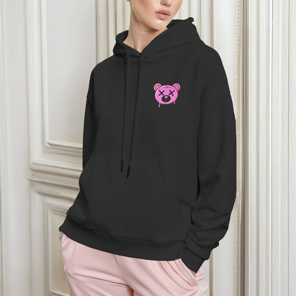Moletom Feminino Estampado Flanelado Blusa de Frio Moletom Urso Rosa Canguru Com Capuz Blusao Casaco