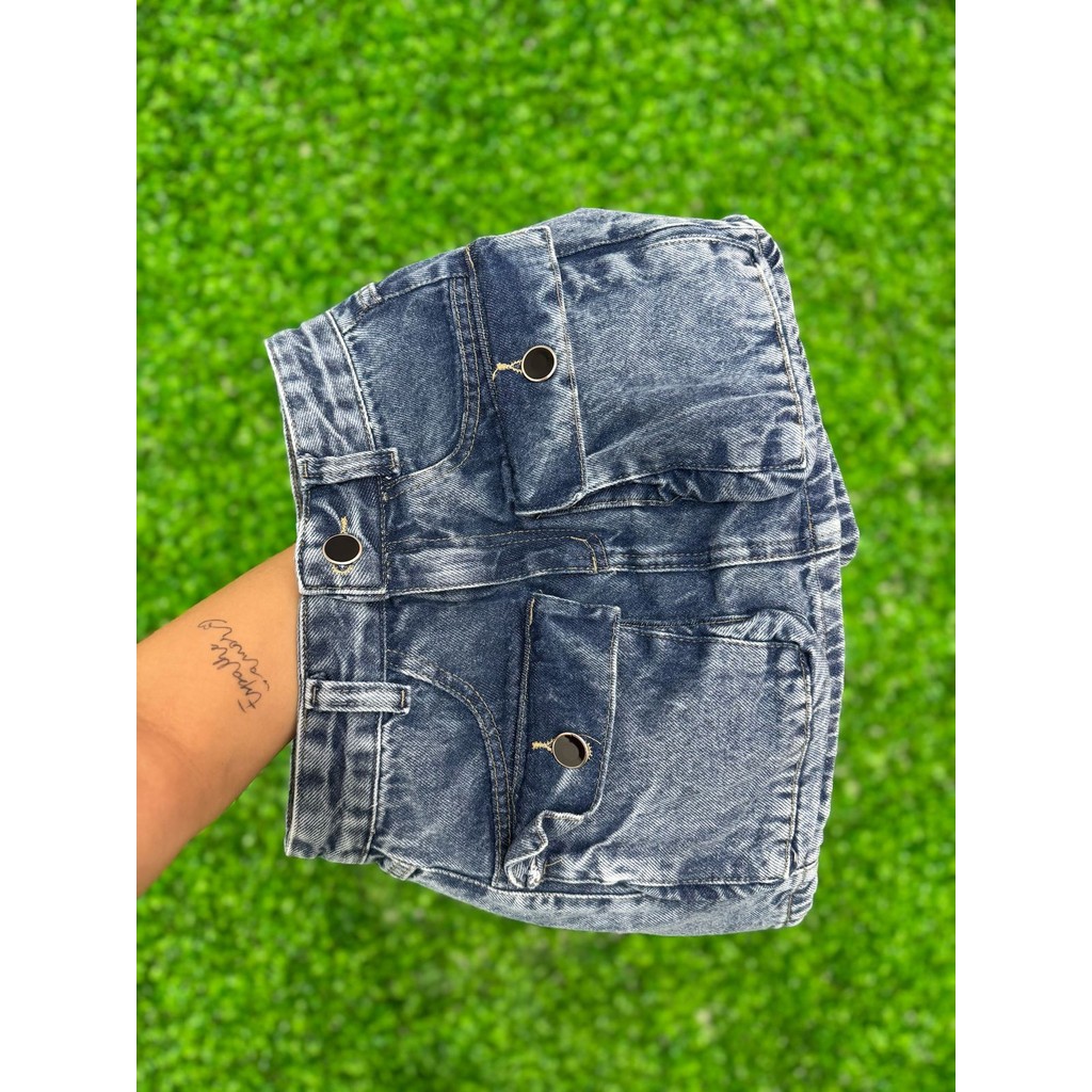 Short Saia Jeans Cargo Cintura Alta Com Bolsos Americanos Variadas Lavagens | Sem Elastano em Oferta na Shopee