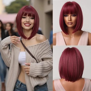 Peruca Bob Vermelho Vinho Com Franja Fibra Bio Organica 30cm 180g em Oferta na Shopee