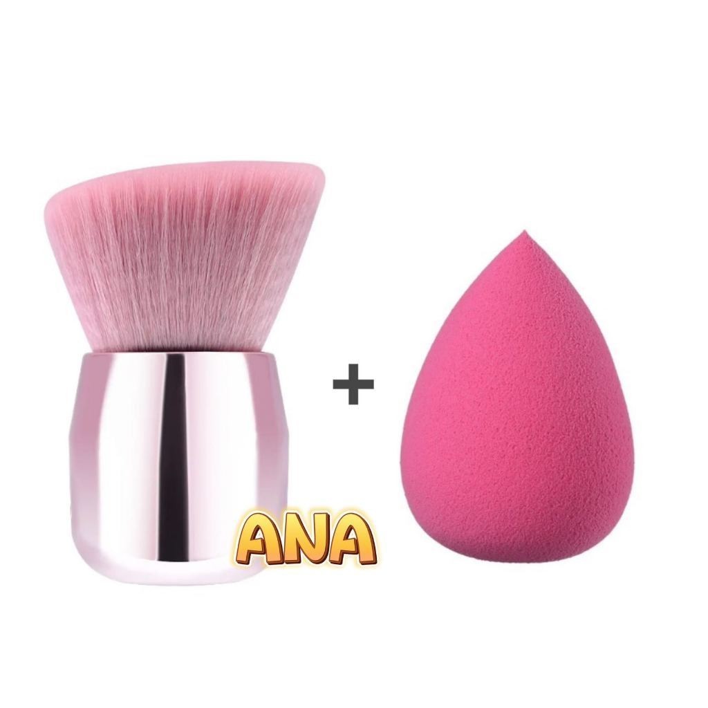 1 Pincel De Maquiagem Facial Pó Blush Base Rosa Kabuki+1 Esponja Para Maquiagem