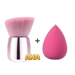 1 Pincel De Maquiagem Facial Pó Blush Base Rosa Kabuki+1 Esponja Para Maquiagem