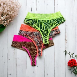 Kit 3 Calcinhas Estampadas Animal Print Lingerie Cintura de Renda Cores Neon