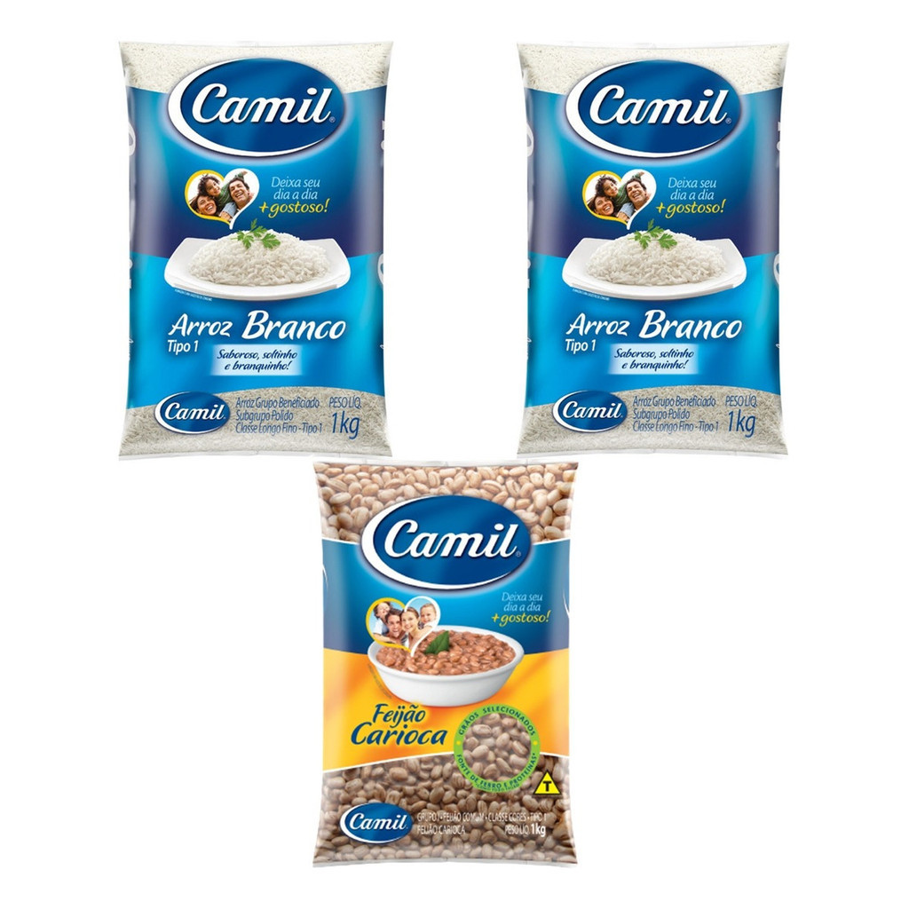 Kit 2 Arroz Branco 1kg Tipo 1 Camil + 1 Feijão Carioca 1kg Camil
