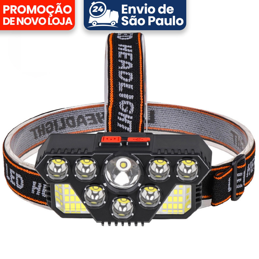 Potente Farol Lanterna Cabeça Testa Capacete Led Holofote Recarregável Camping Pesca Ciclista Bike