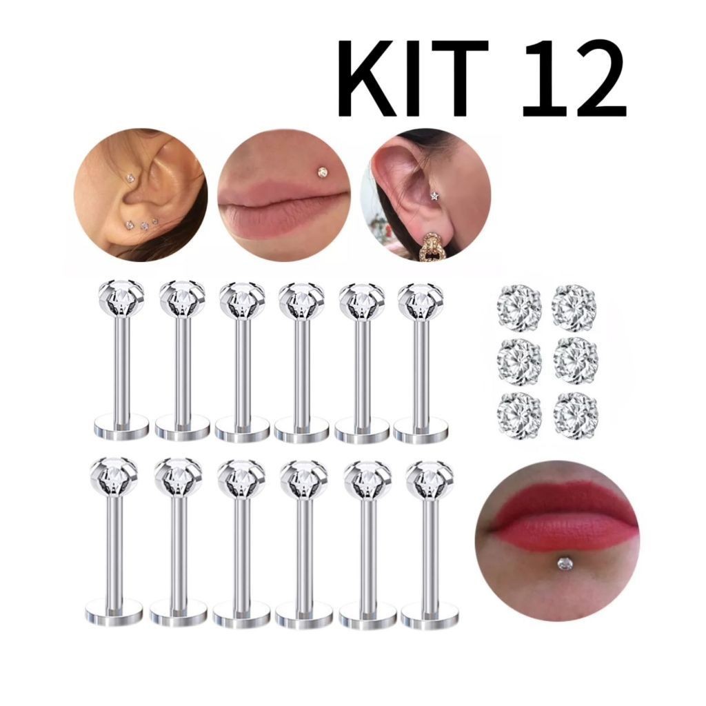 Kit 12 Piercing Labret Ponto De Luz (2.5mm) Helix Tragus Conch Aço Cirúrgico /8mmsophia