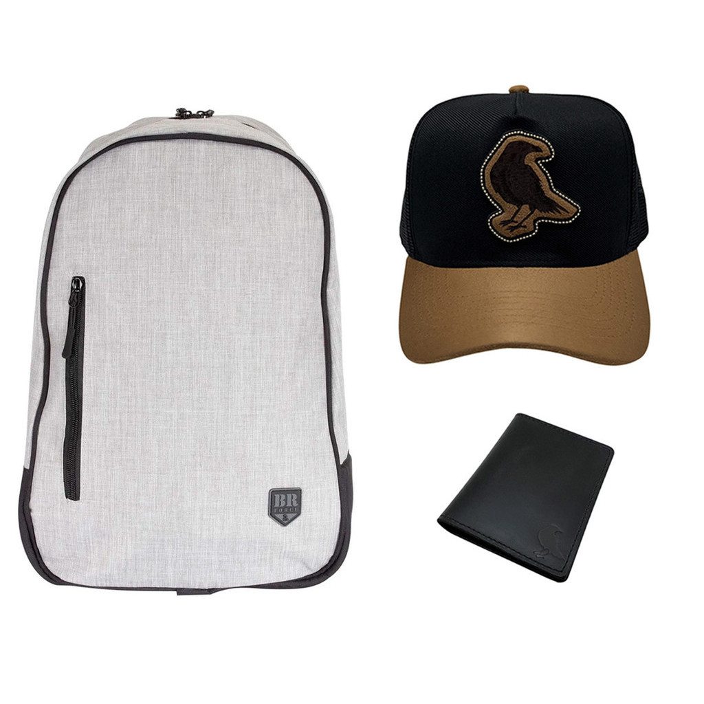 Mochila Bolsa Sentinela Reforçada, Boné Agro Country Tela E Carteira Masculina Couro Preta