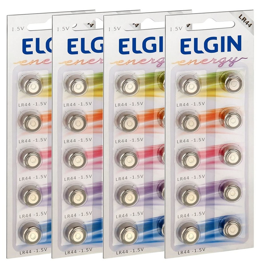 40 Pilhas Baterias LR44 A76 Ag13 Alcalina Elgin 4 Cartelas C/ 10 Unidades