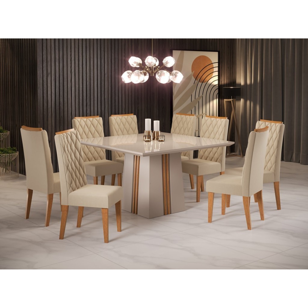 Conjunto Sala de Jantar Mesa Bela com 8 Cadeiras Iza  Off White/Mel/Bege - Home & Living