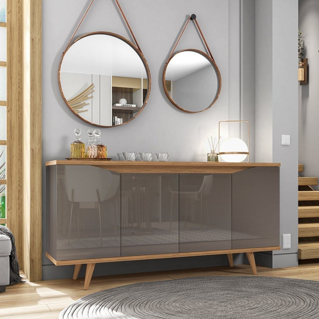 Buffet 160cm 4 Portas Pés em Madeira Maciça Grace Versátile  Cinza Perola/Noce - Home & Living