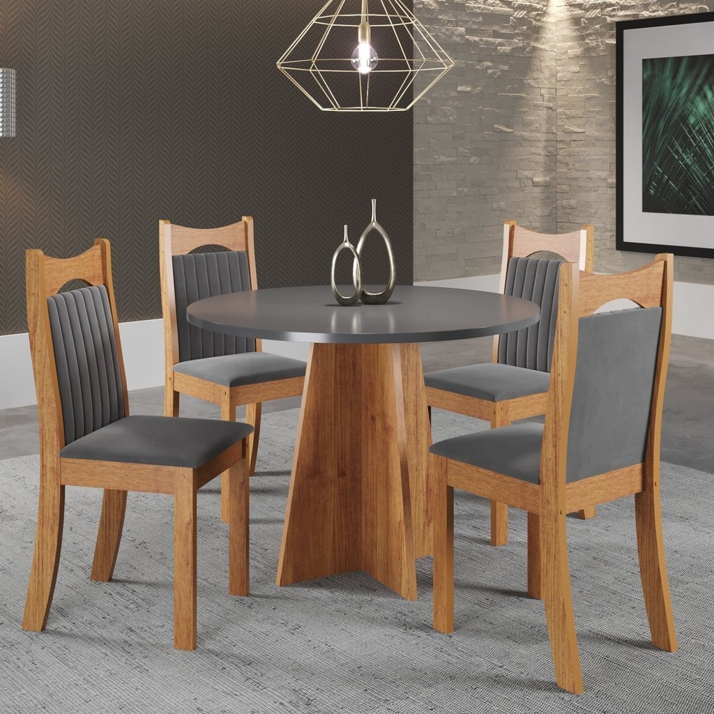 Conjunto de Jantar Mesa Redonda Herbal com 4 Cadeiras Dalas Mel/Cinza Brilho/Grafite em Oferta na Shopee