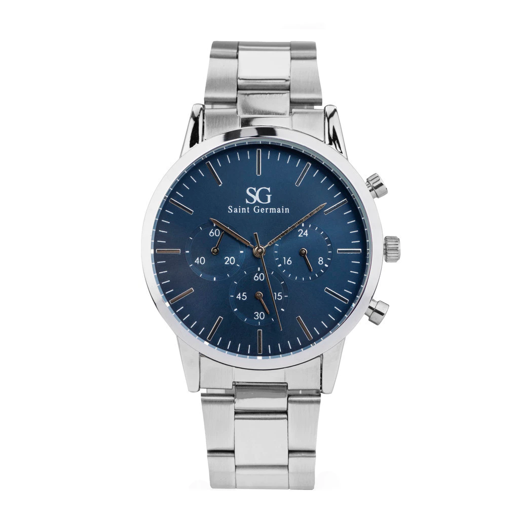 Relógio Masculino Prata Saint Germain Chrono Blue Silver 42mm - Fundo Azul