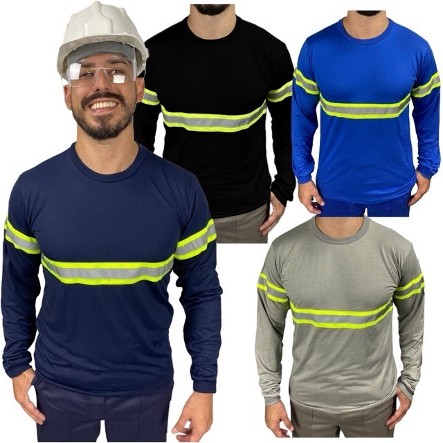 Camiseta Manga Longa com Faixa Refletivo RESISTENTE Malha Fria Uniforme Profissional Sinalização Eletricista Construção em Oferta na Shopee