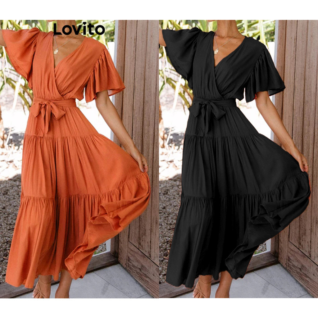 Lovito Boho Vestido Feminino Liso Maxi de Manga Curta com Babados Laço Frontal e Decote V LNE15159 (Multicolorido)