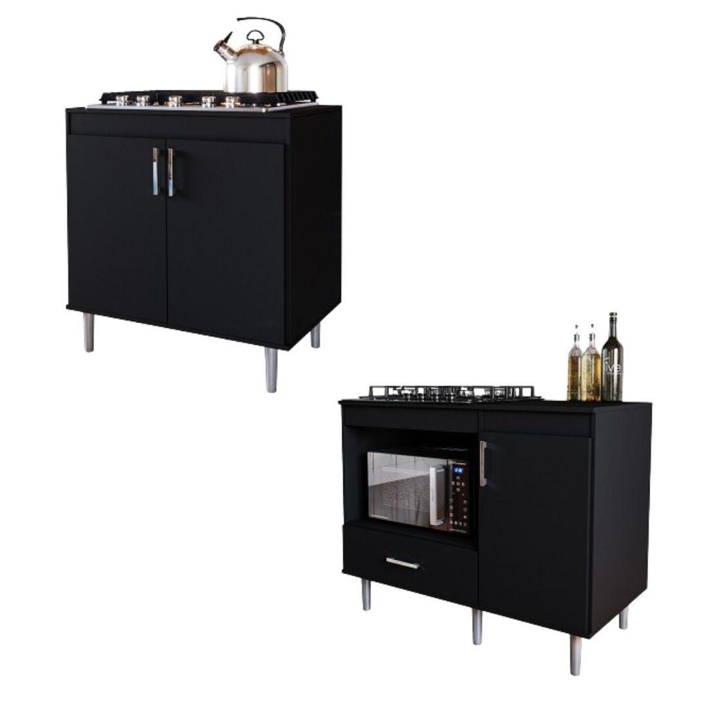Kit Cozinha Área Gourmet Sala de Jantar 2 Balcão MDP Para Cooktop 5 Bocas 0,80m e 1,05m Turim Preto