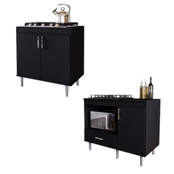 Kit Cozinha Área Gourmet Sala de Jantar 2 Balcão MDP Para Cooktop 5 Bocas 0,80m e 1,05m Turim Preto
