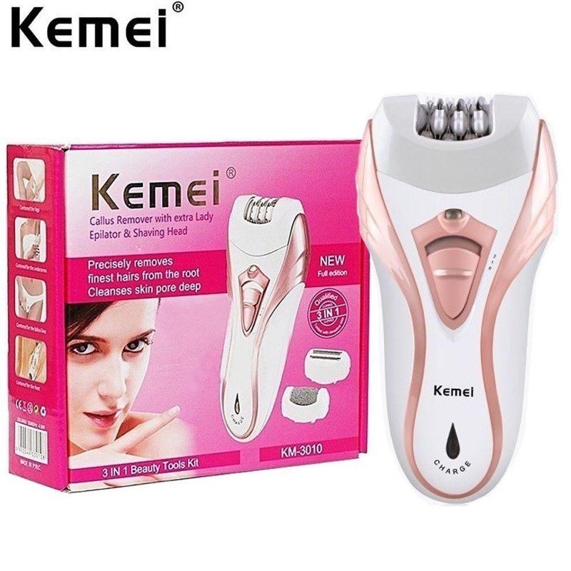Depilador Elétrico Kemei KM-3010 Recarregável 3 em 1 Bivolt Com Lixador de pés e Aparador de pelos em Oferta na Shopee