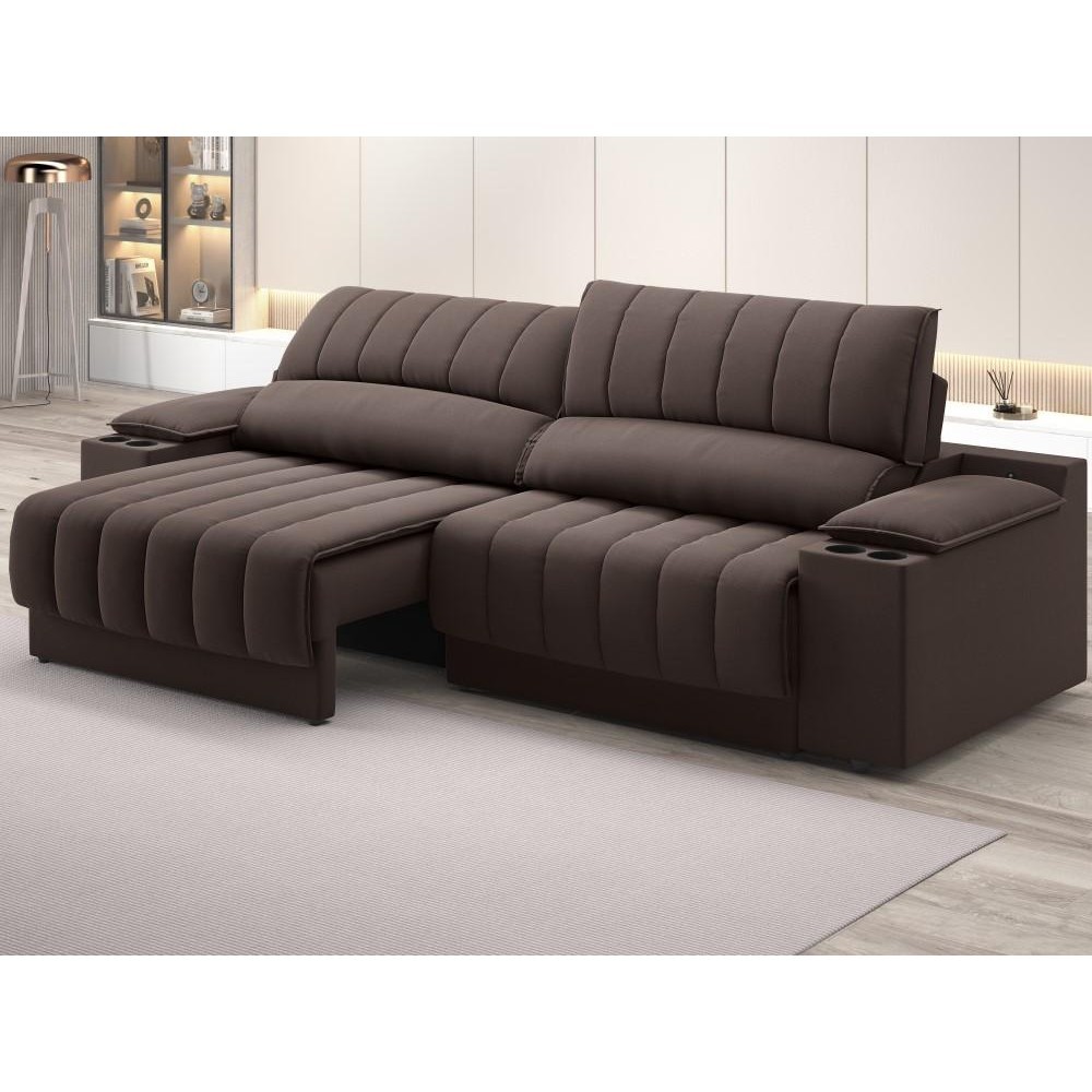 Sofá com Porta Copos Carregador USB Ret Rec Murano 2,00m Velosuede Chocolate - NETSOFAS
