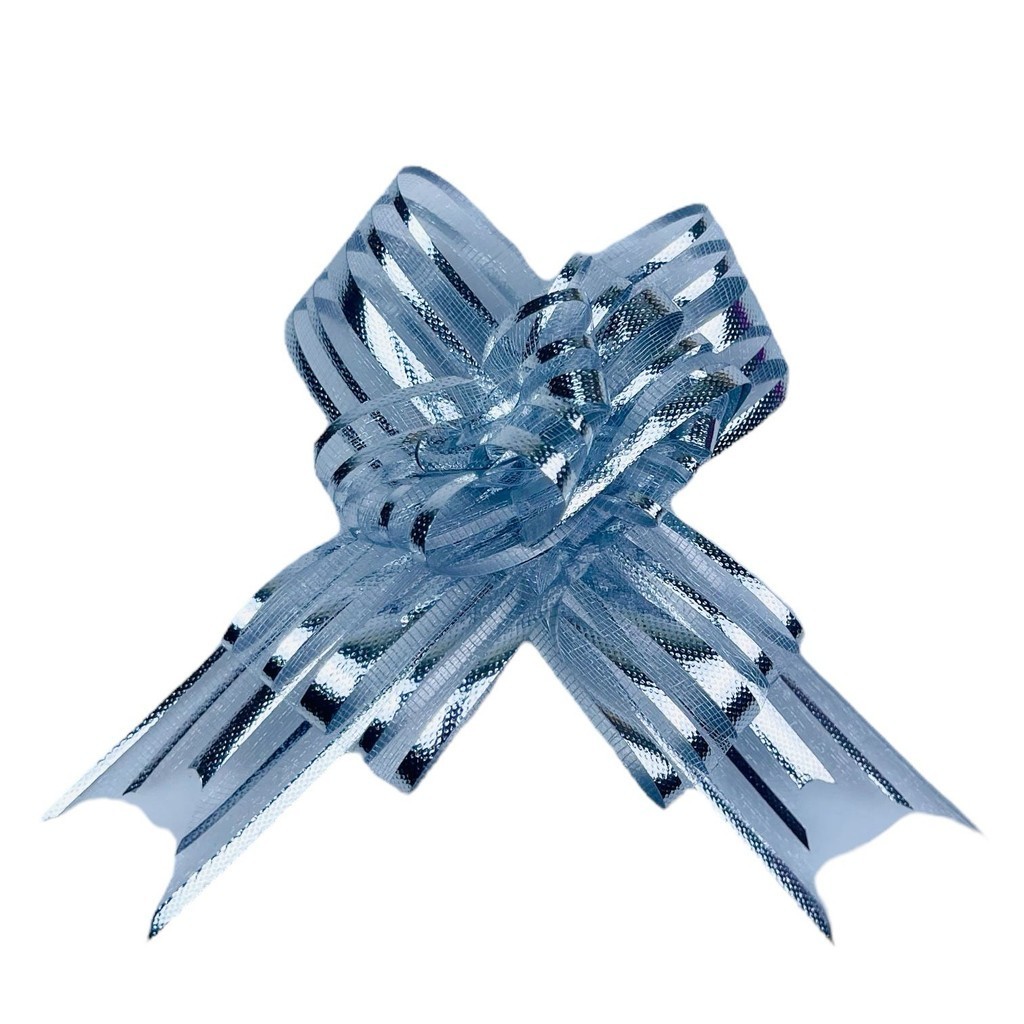 100 LAÇOS FACIL P/ PRESENTE ORGANZA HOLOGRÁFICO PRATA GRANDE 3 CM x 47 CM (Ex) em Oferta na Shopee