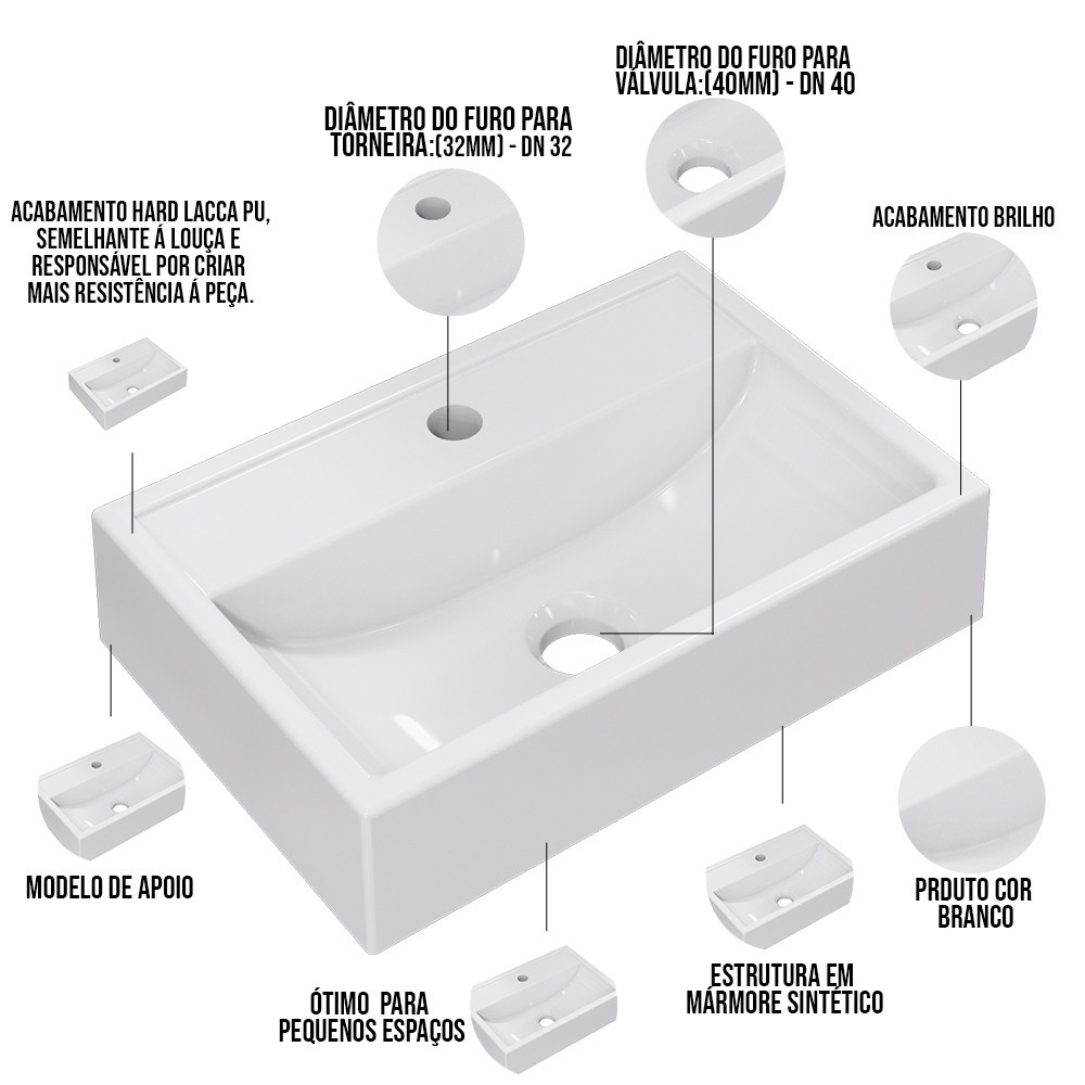 Detalhes do Cuba de Apoio Retangular Para Banheiro Lavabo C01 Q450 Branco - Lyam Decor