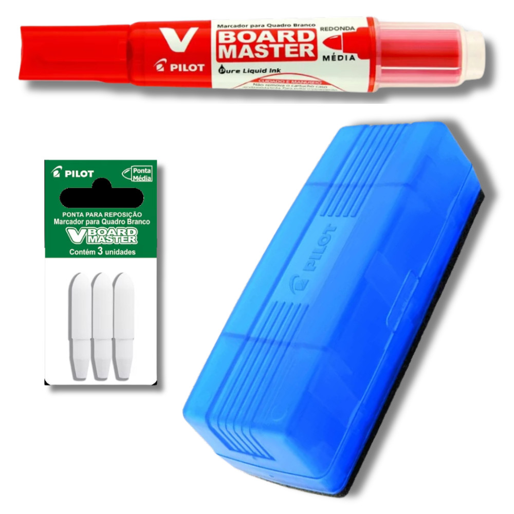Kit Marcador Quadro Branco Recarregável + Apagador + Ponta para Marcador PILOT Vermelho