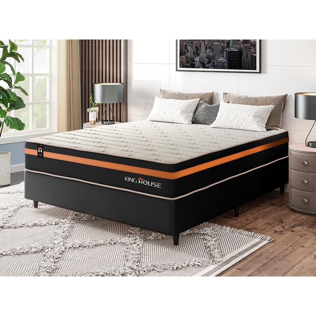 Conjunto Cama Box c/ Molas Ensacadas Sirius Preto Casal 138x188x65 em Oferta na Shopee