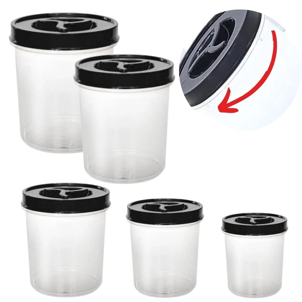 Kit 5 Potes Porta Mantimentos Tampa Rosca Preta Potes Organizadores Transparente