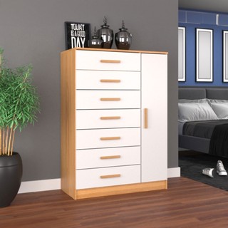 Cômoda New Mônaco 1 Porta 7 Gavetas Branco/Cinnamomo - Evidência Móveis em Oferta na Shopee