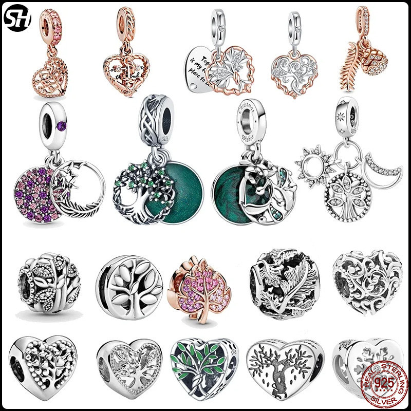 S925 Sterling Silver Green Tree of Life Pendant Charmes Para Encantos Pandora Originais Pulseira De Contas De Charme Colar Diy Jóias Femininas