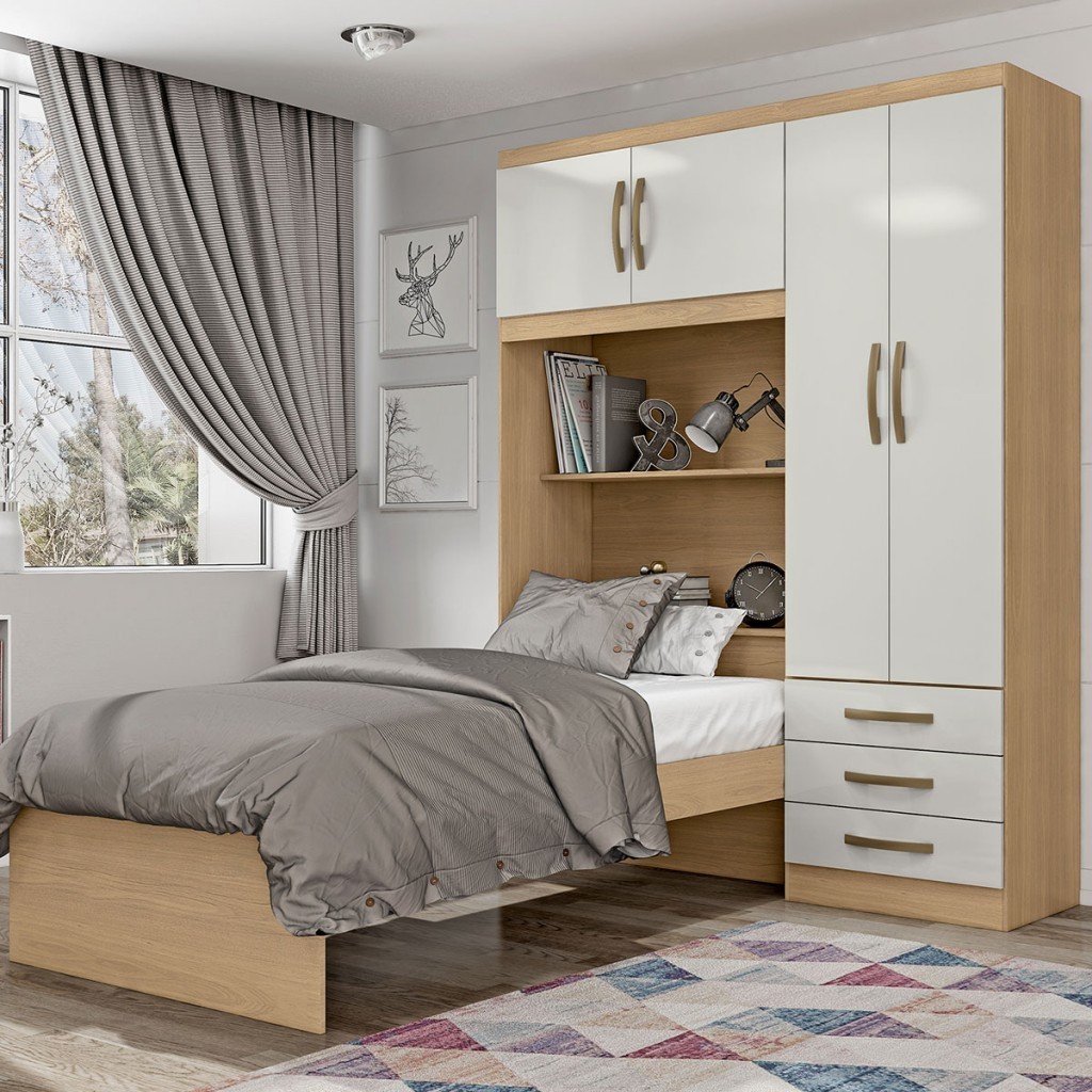 Guarda-Roupa Solteiro Lisboa 4 Portas 3 Gavetas Castanho/Off White - Mx Móveis em Oferta na Shopee