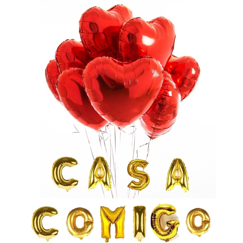 Balão Metalizado Letra Casa Comigo + 10un Balão Coração