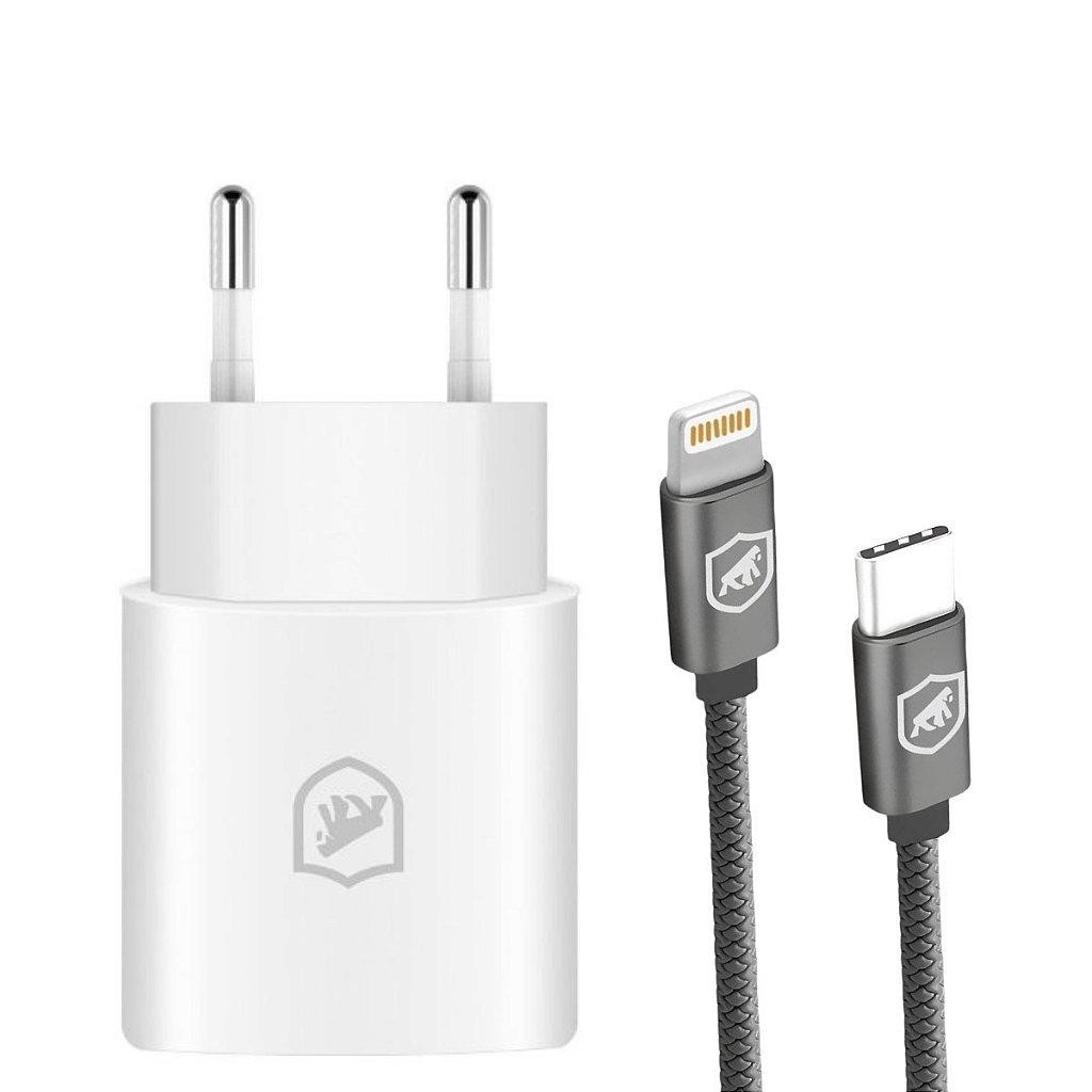 Cabo Symetric - Lightning / Tipo C - 1,5M + Carregador Turbo Tipo C p/ iPhone  - Branco - Gshield em Oferta na Shopee