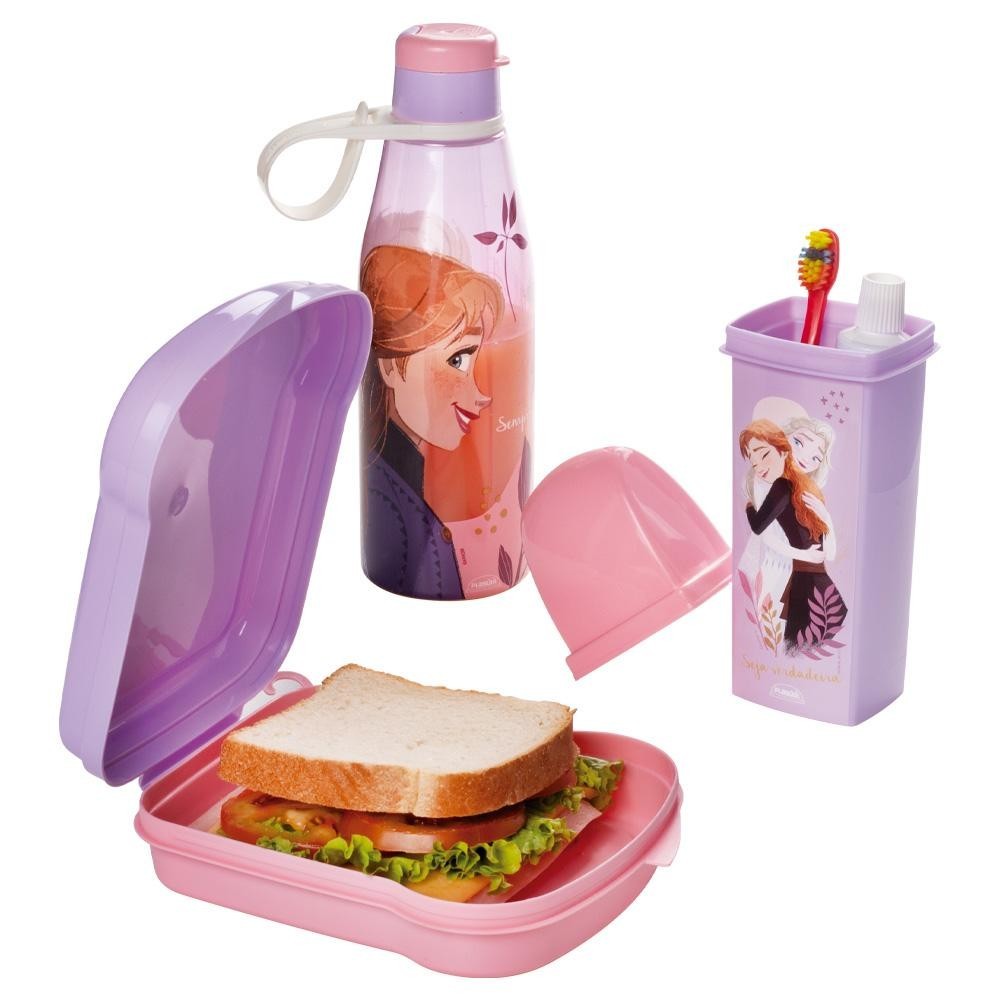 kit Lancheira Frozen Anna Elsa Volta às Aulas 1 Sanduicheira 1 Garrafa 1 Dental Case Plasútil em Oferta na Shopee