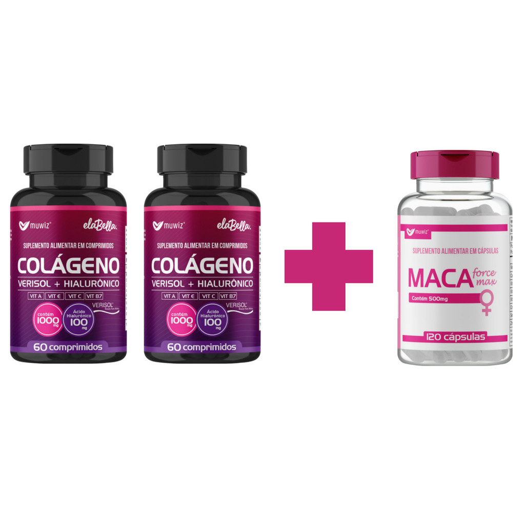 1 Maca Feminina muwiz 120 caps + 2 Colágeno Verisol c/ Hialurônico 60 comprimido 1000mg Muwiz